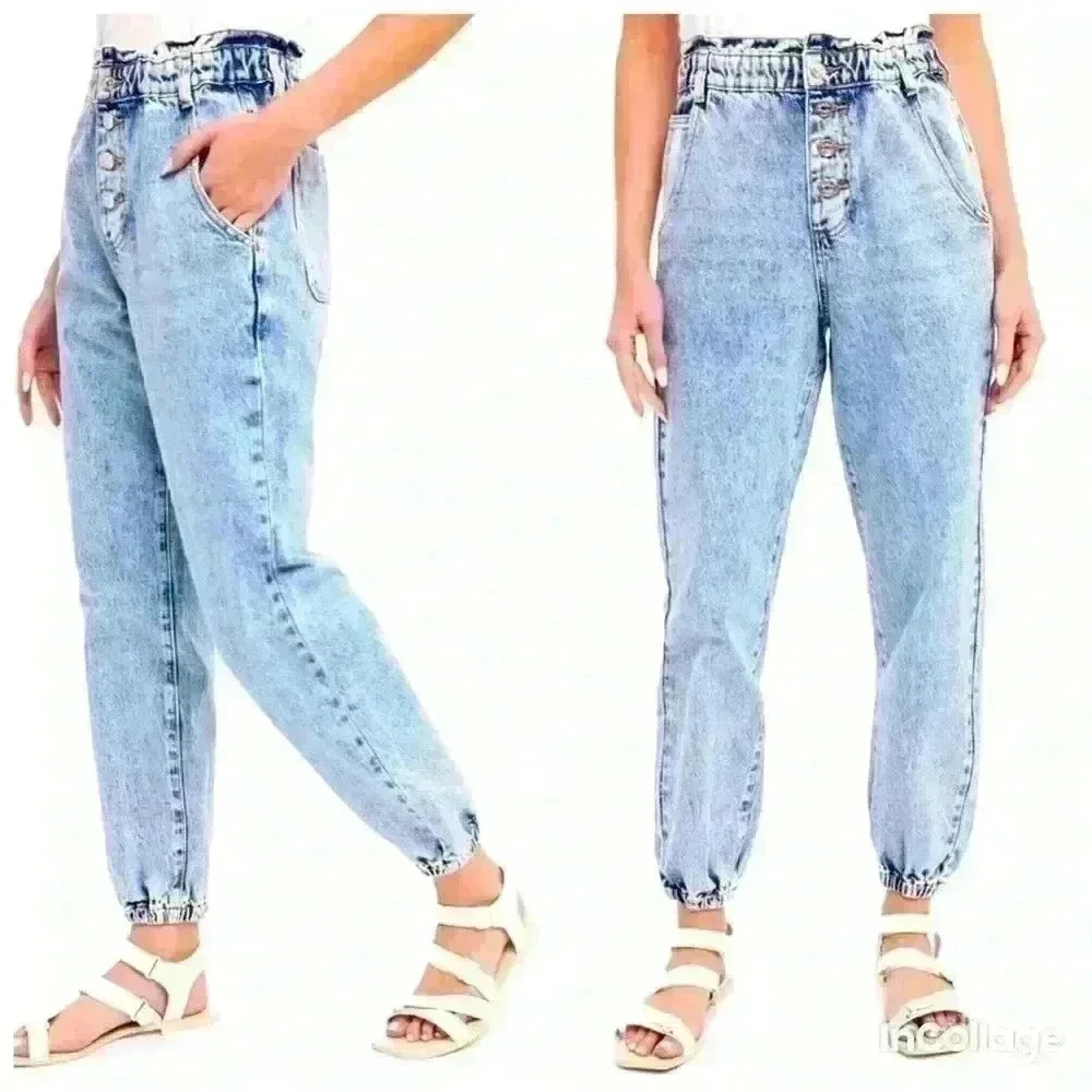 Bluivy Light Wash Blue Elastic Waist Ankle Denim Pants
